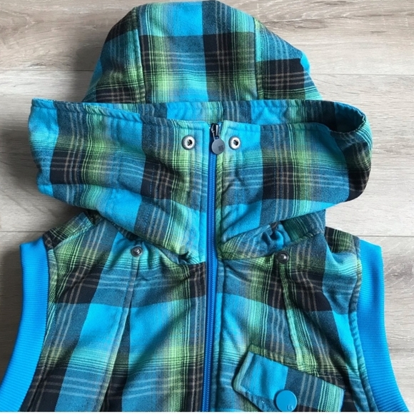 Burton Dryride XL Blue Plaid Sleeveless Vest Hooded Winter - Picture 7 of 7